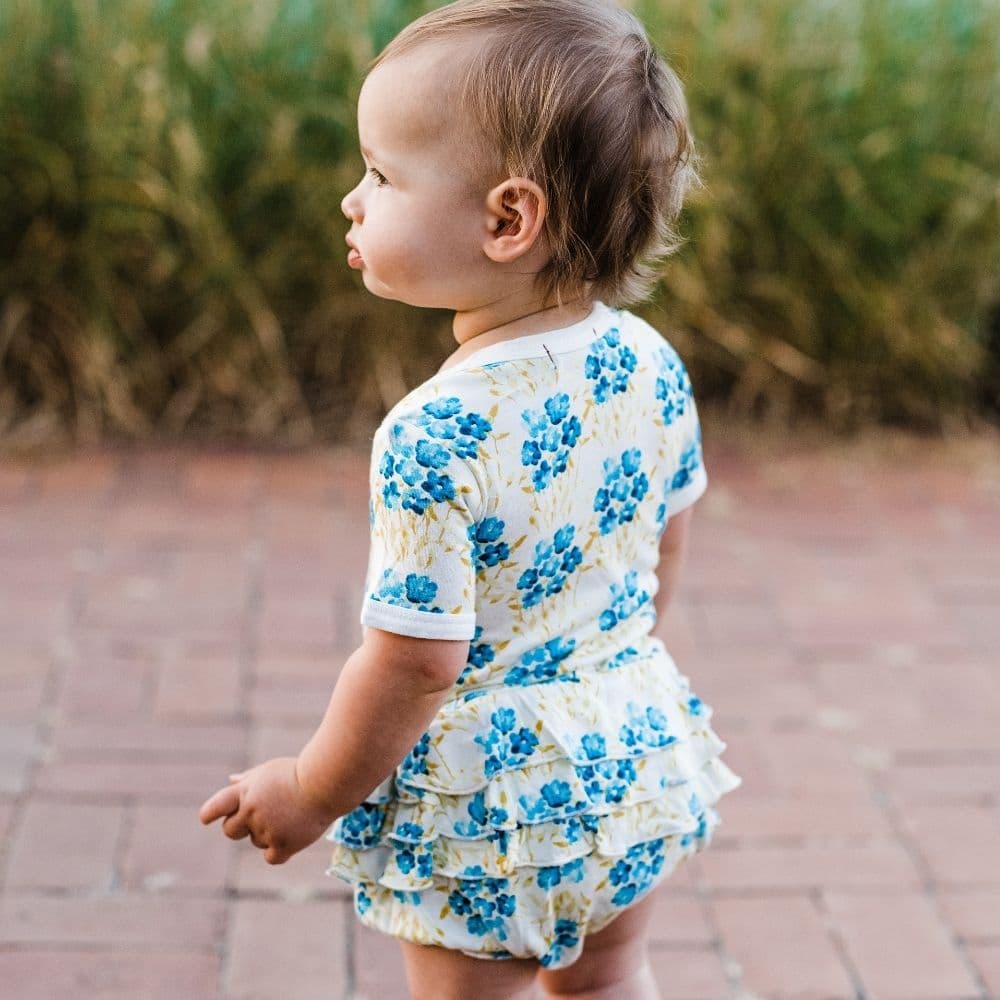 Sky Floral Bamboo Ruffle Bloomer by Milkbarn Kids