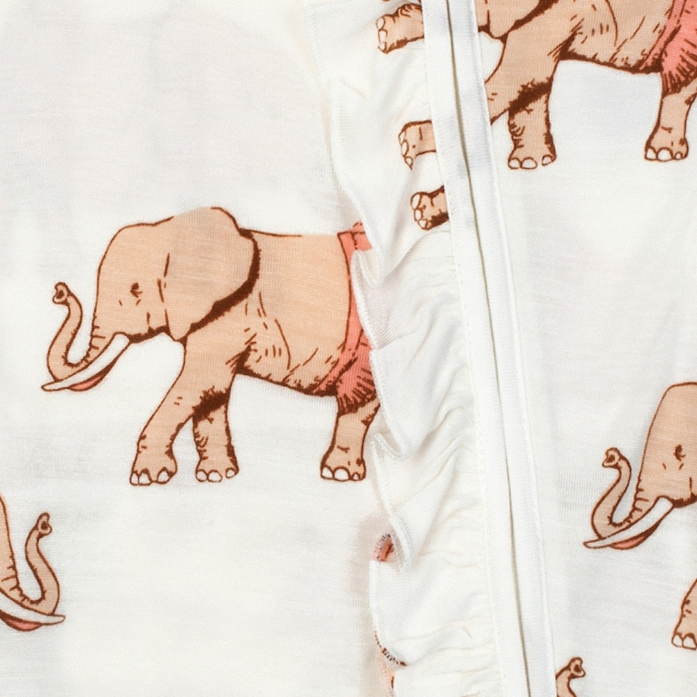 Tutu Elephant Front Detail Bamboo Ruffle Zipper Footed Romper by Milkbarn Kids