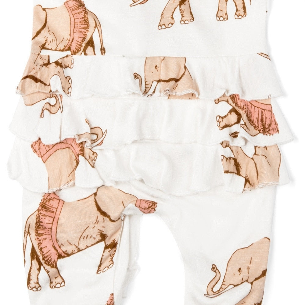 Tutu Elephant Rear Detail Bamboo Ruffle Zipper Footed Romper by Milkbarn Kids
