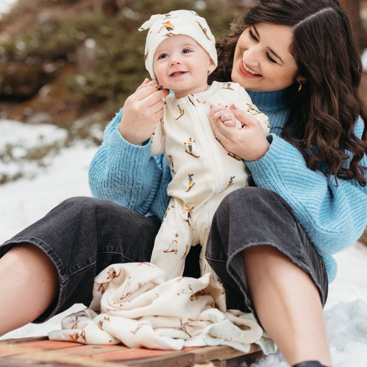 Milkbarn Kids Organic Knit Cotton Zipper Footed Romper baby Apparel Pajama in Natural Vintage Ski fabric Other View