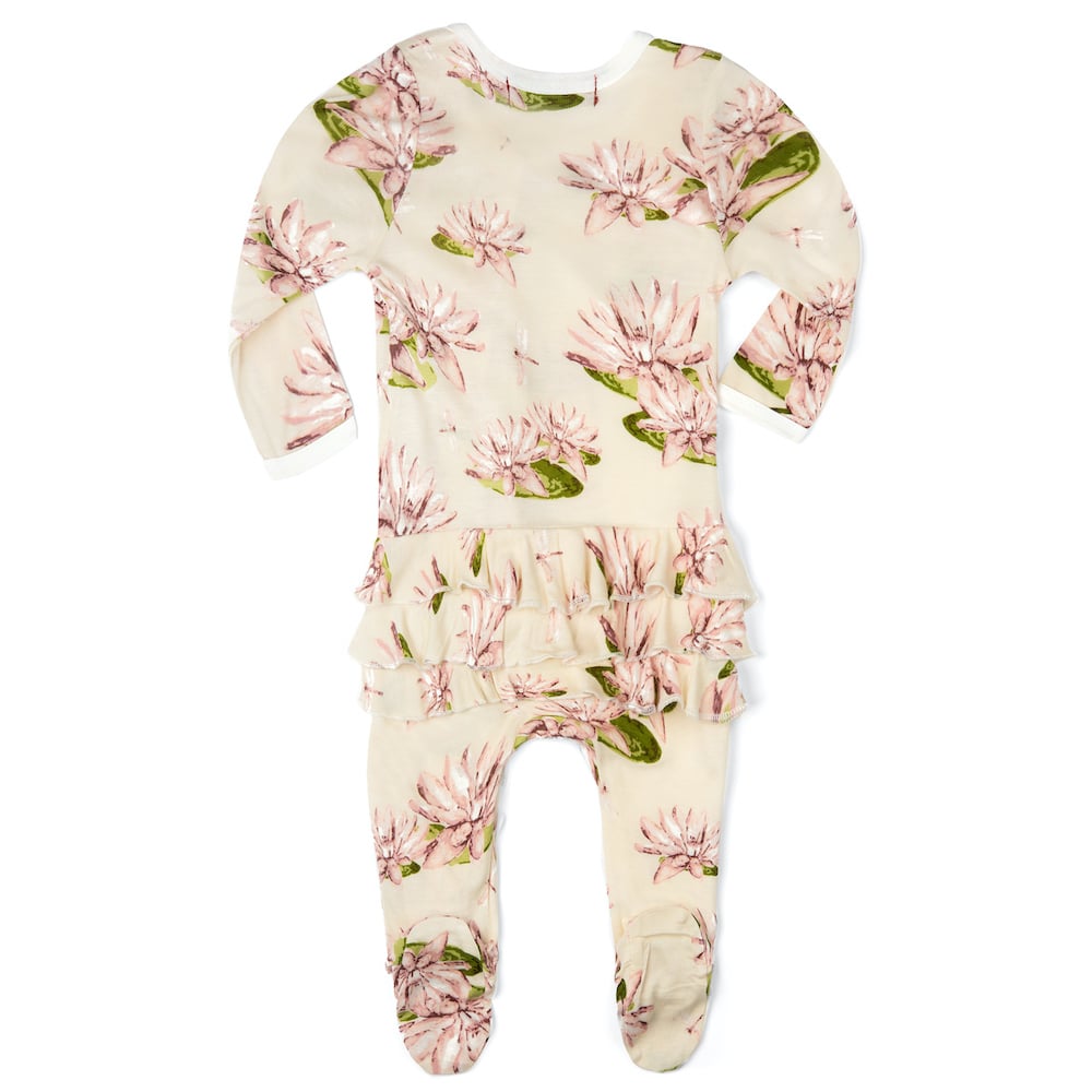Water Lily Bamboo Rear Ruffle Zipper Footed Romper by Milkbarn Kids