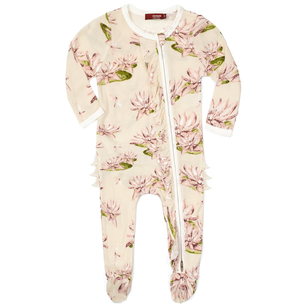 Water Lily Bamboo Ruffle Zipper Footed Romper by Milkbarn Kids