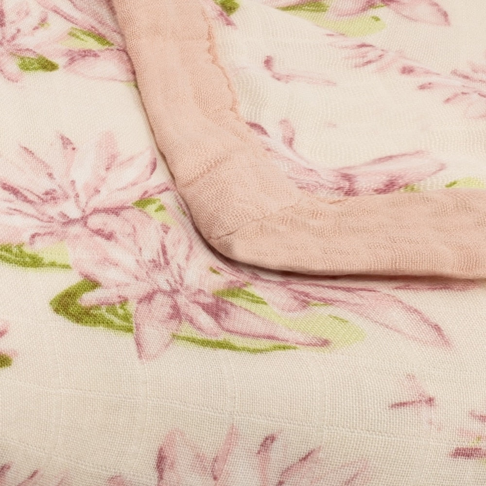 Water Lily Big Lovey Muslin Blanket Folded Detail by Milkbarn Kids