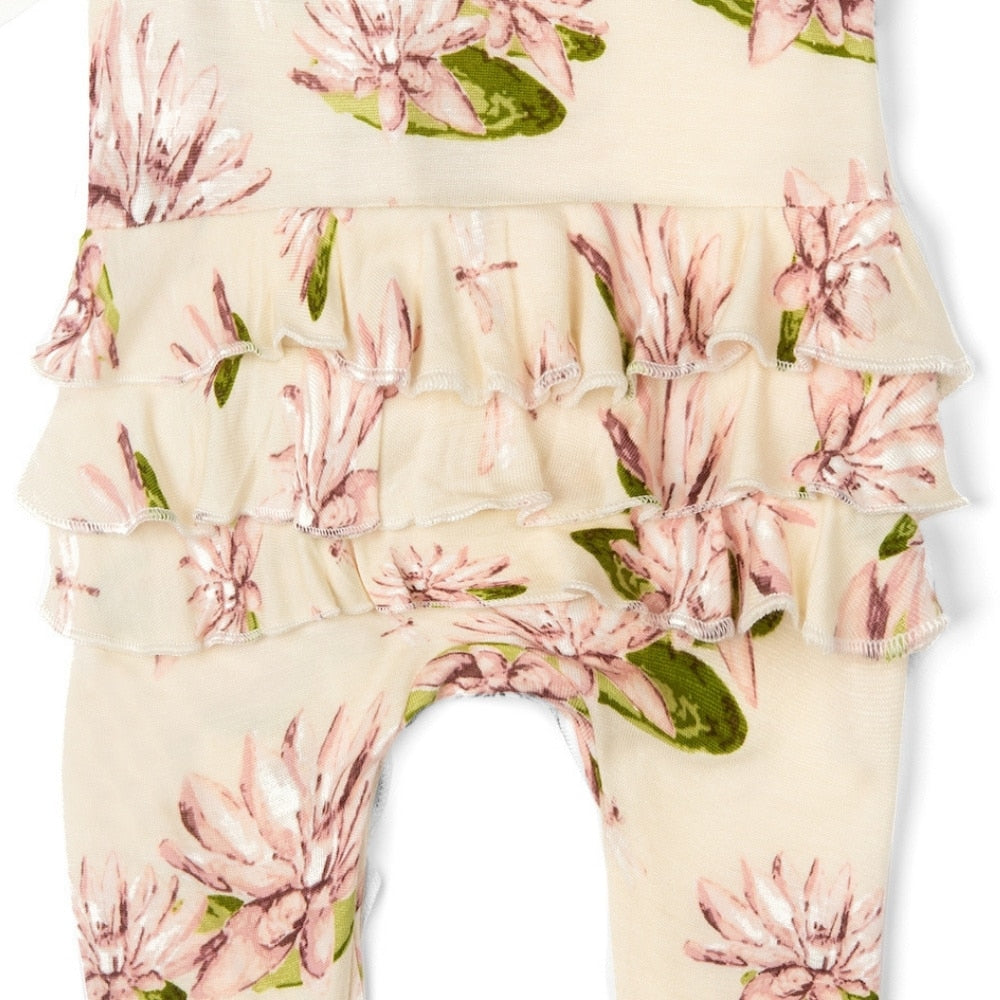 Water Lily Rear Detail Bamboo Ruffle Zipper Footed Romper by Milkbarn Kids