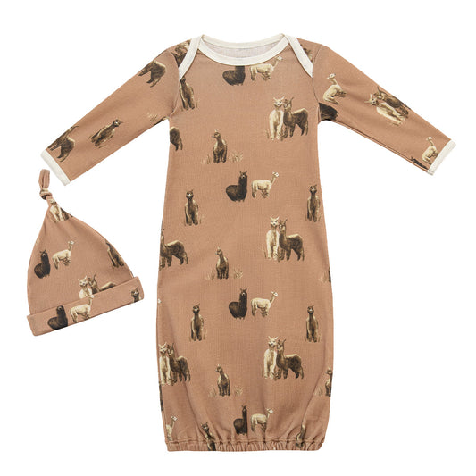 Organic cotton newborn gown and hat set with dusty rose alpaca and llama print, eco-friendly and gentle for newborns, perfect baby gift