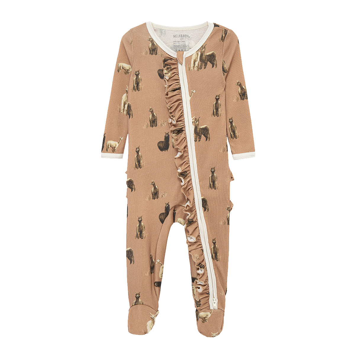 Milkbarn Alpaca Organic Cotton Ruffle Footed Pajamas for baby girls in rose, made of soft and breathable 100% organic cotton with playful alpaca pattern, gentle on skin and comfortable for sleep and play