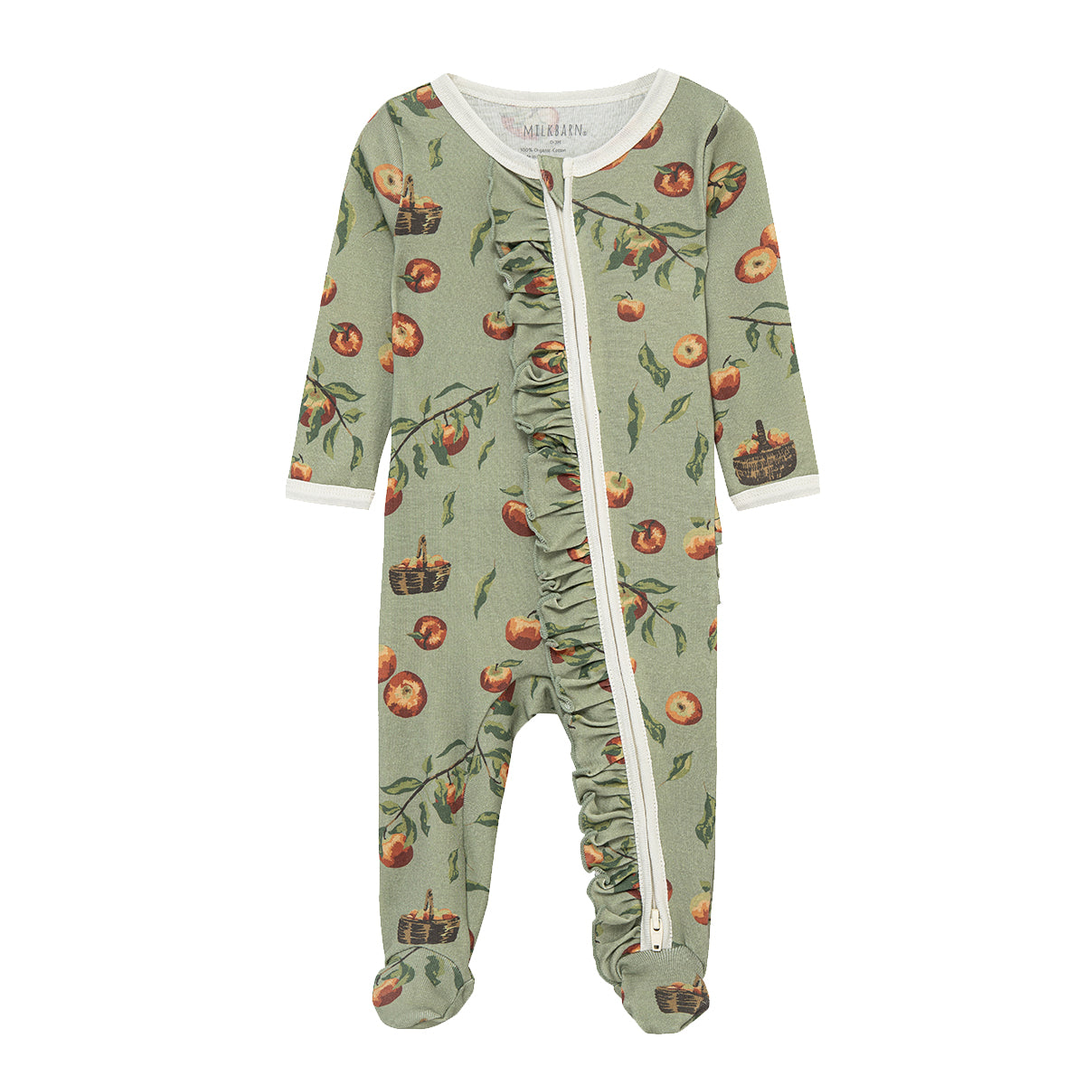 Apple Orchard organic cotton ruffle footed romper (footie pajamas) for baby girls, soft, breathable, and cozy