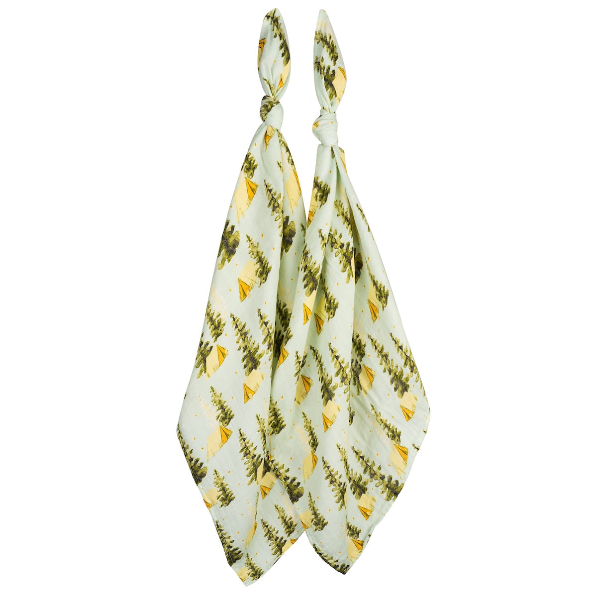 Two-piece bamboo muslin baby burp cloth set with light blue, green, and yellow camping theme, featuring tents and forest adventure designs, soft and gentle for newborns