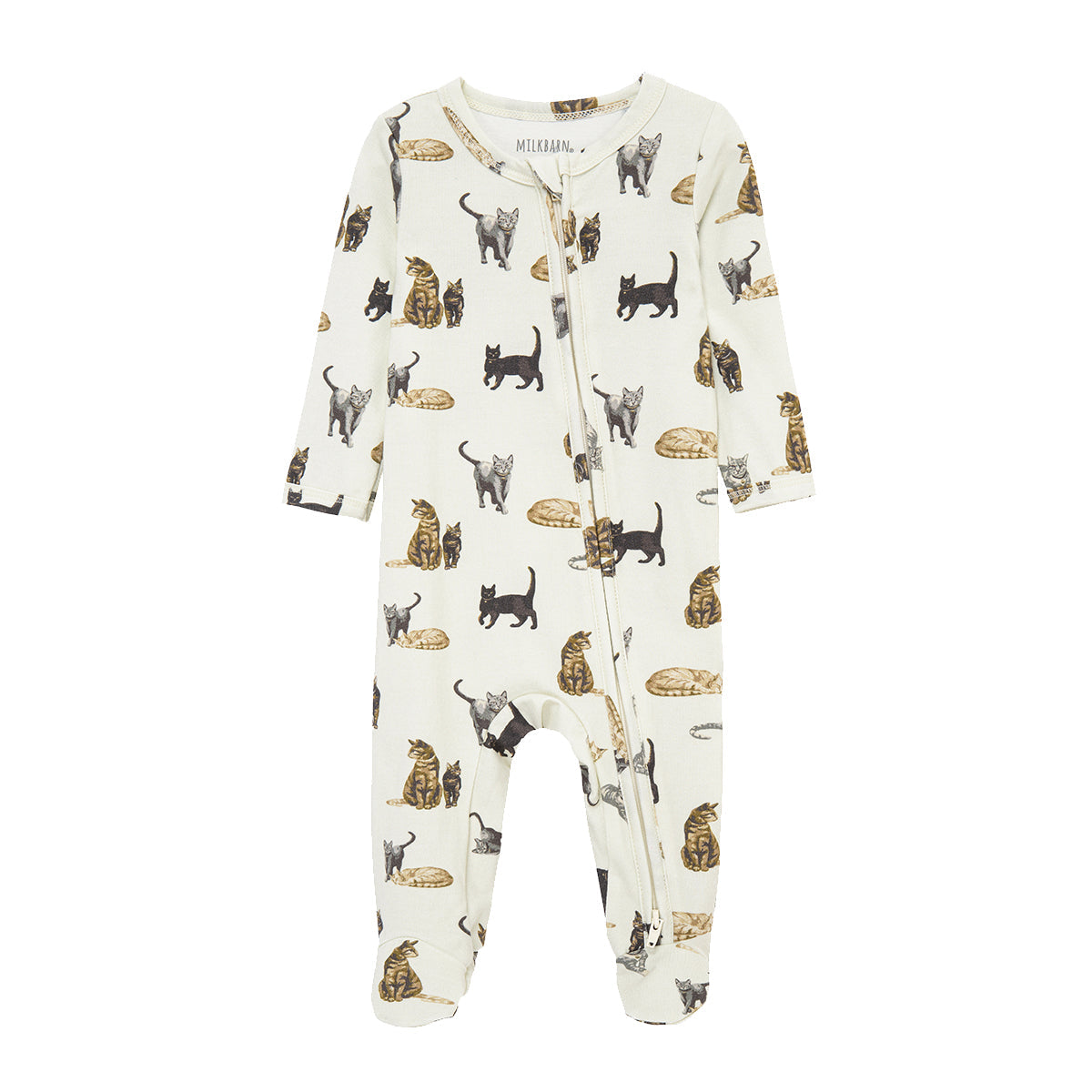 Milkbarn Cat Cotton Stretch Footie Pajamas for babies in white, made of soft and stretchy cotton blend with playful cat pattern, gentle on skin and comfortable for sleep and play