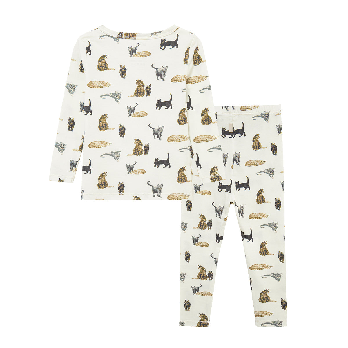 Back view of cotton stretch kitty cat print pajama set with long sleeve top and pants for children