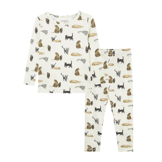 Cotton stretch pajama set with cute cat print, long sleeve kids sleepwear with soft spandex comfort