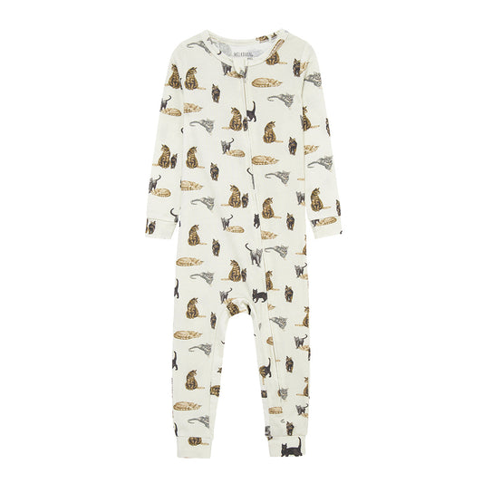 Milkbarn Cat Cotton Stretch Zipper Pajama for babies, soft and stretchy cotton blend with playful cat pattern, gentle on skin and comfortable for sleep and play