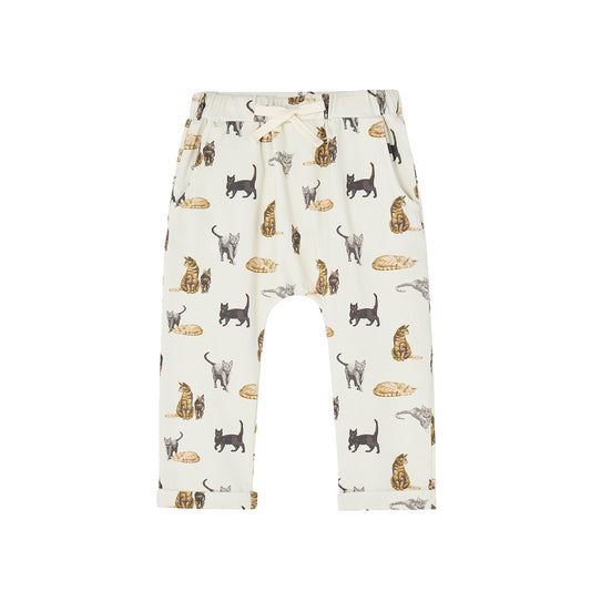Baby and toddler jogger pants with playful cat print in organic cotton stretch fabric
