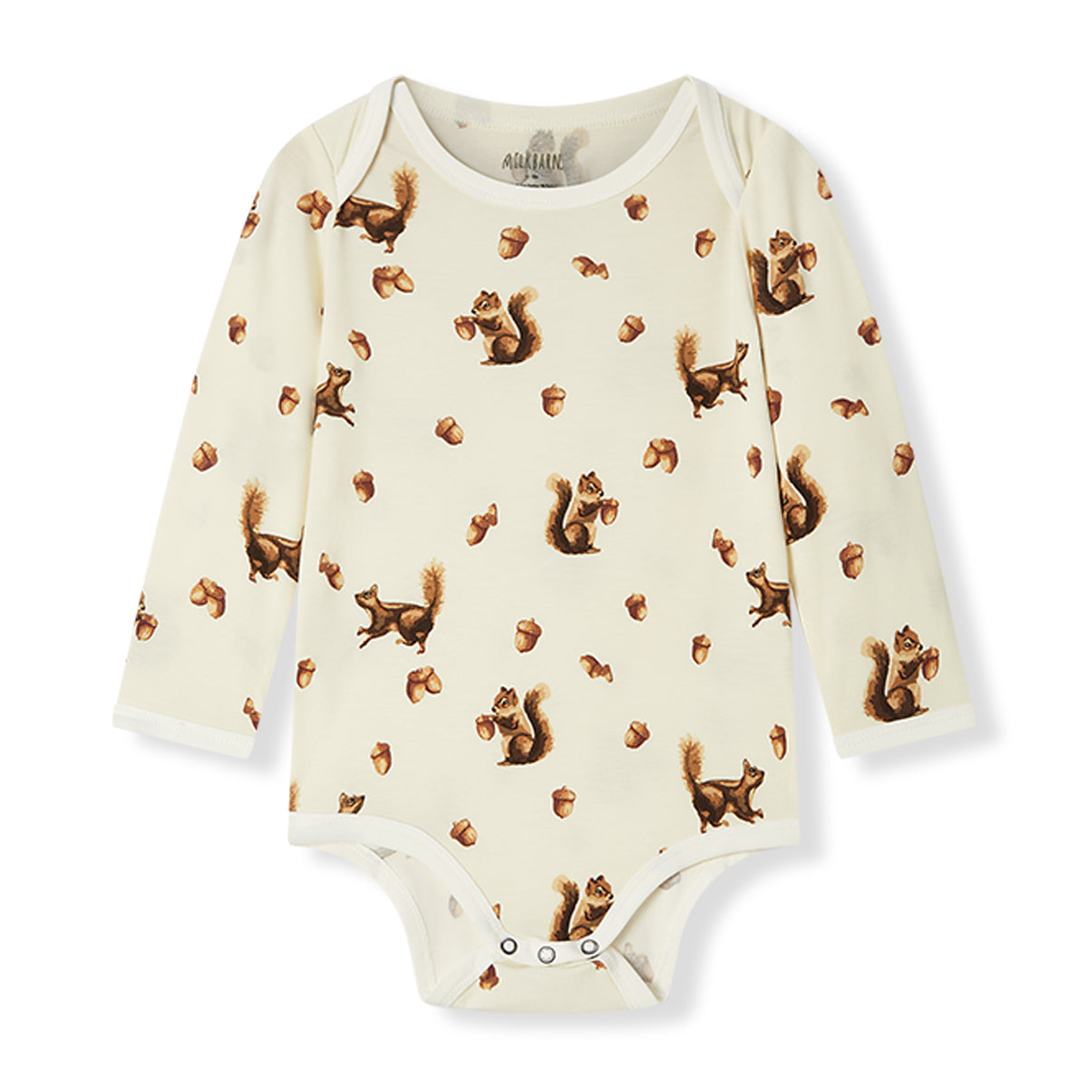 Soft and stretchy Luxe Stretch long sleeve baby one piece in white with chipmunk, squirrel, and acorn print