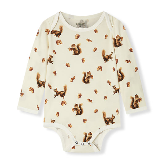 Soft and stretchy Luxe Stretch long sleeve baby one piece in white with chipmunk, squirrel, and acorn print