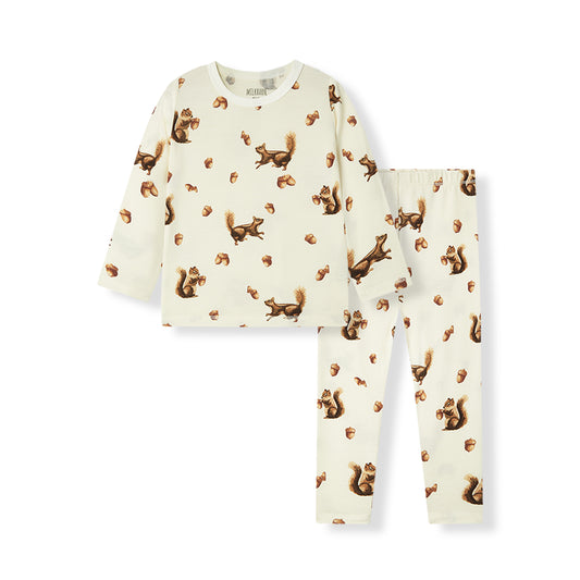 Luxe stretch kids pajama set with playful chipmunk print, long sleeve top and stretchy pants for sleepwear comfort
