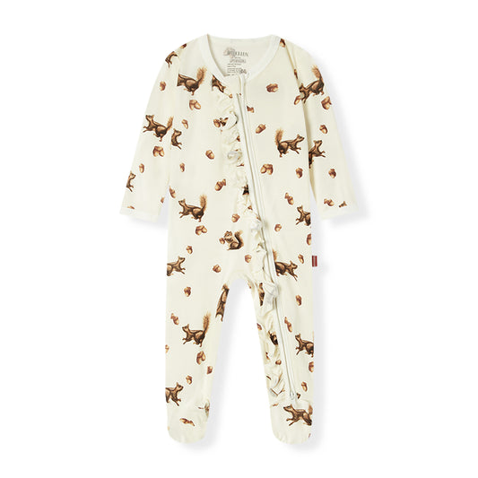 Chipmunk Luxe stretch ruffle bamboo footed romper (footie pajamas) for baby girls, soft, flexible, and gentle on sensitive skin