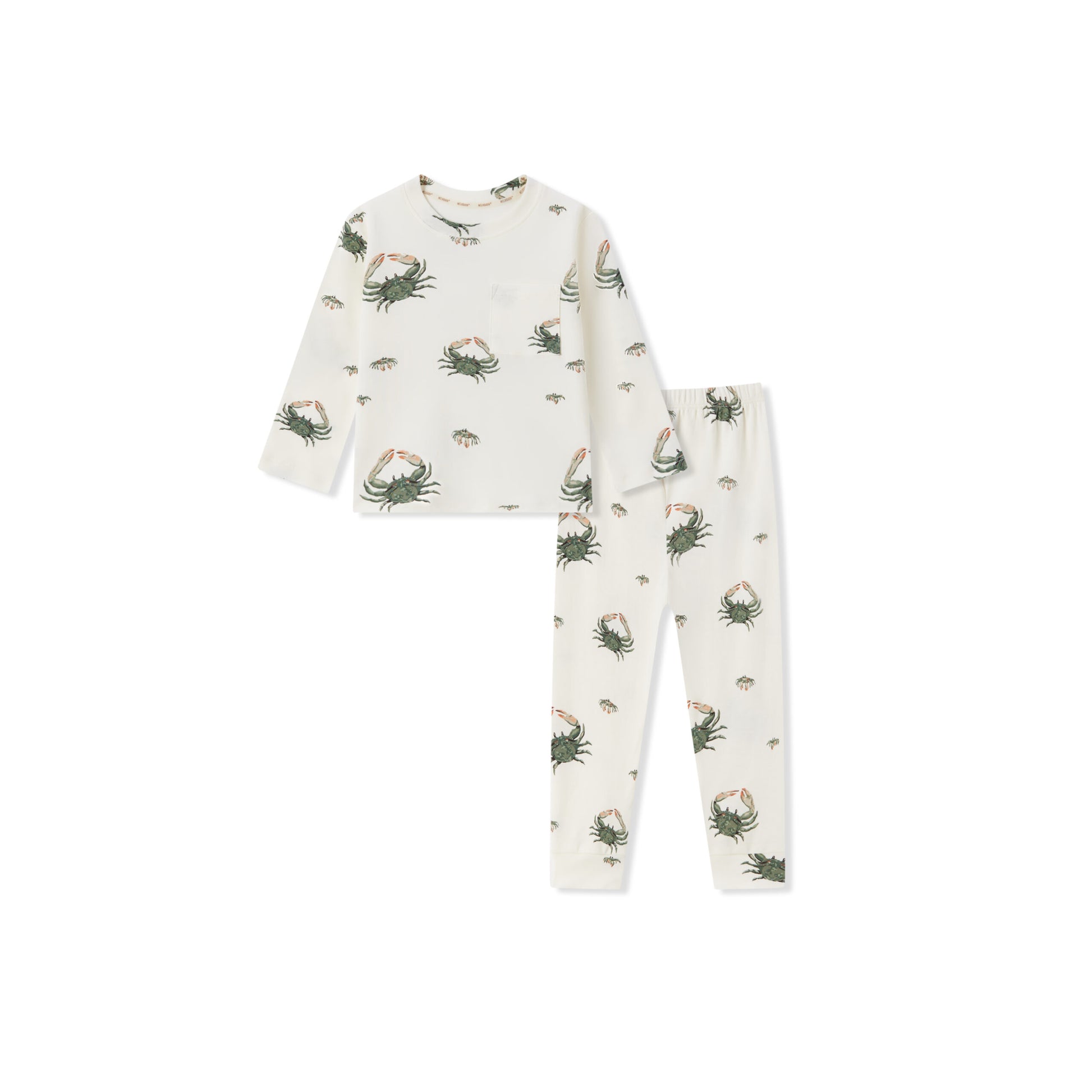 Cotton stretch pajama set for kids with coastal crab beach print, soft breathable two piece sleepwear