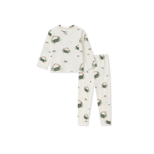 Cotton stretch pajama set for kids with coastal crab beach print, soft breathable two piece sleepwear