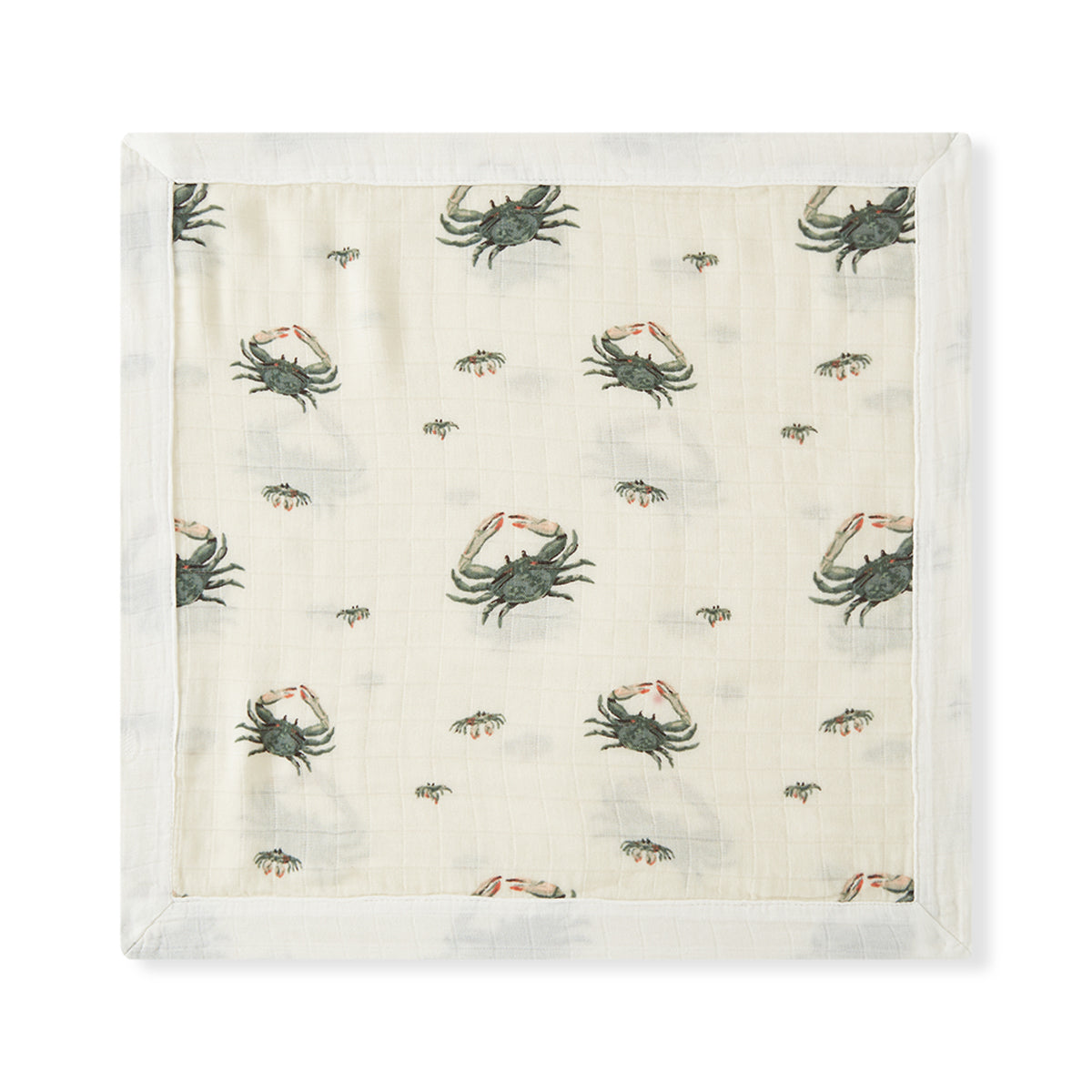 Coastal Crab Mini Lovey two-layer muslin security blanket in white with crab print by Milkbarn laid flat