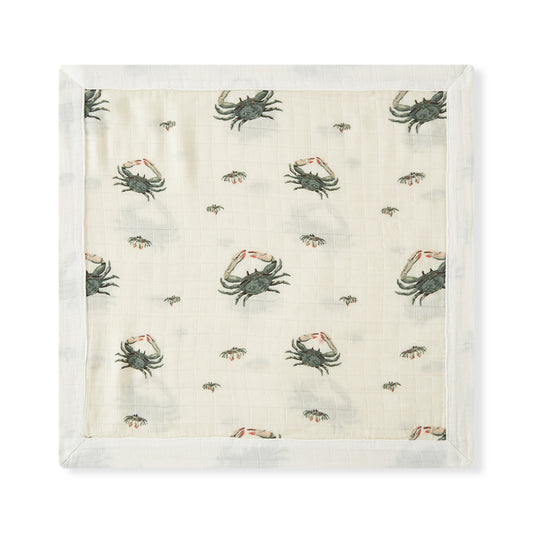 Coastal Crab Mini Lovey two-layer muslin security blanket in white with crab print by Milkbarn laid flat
