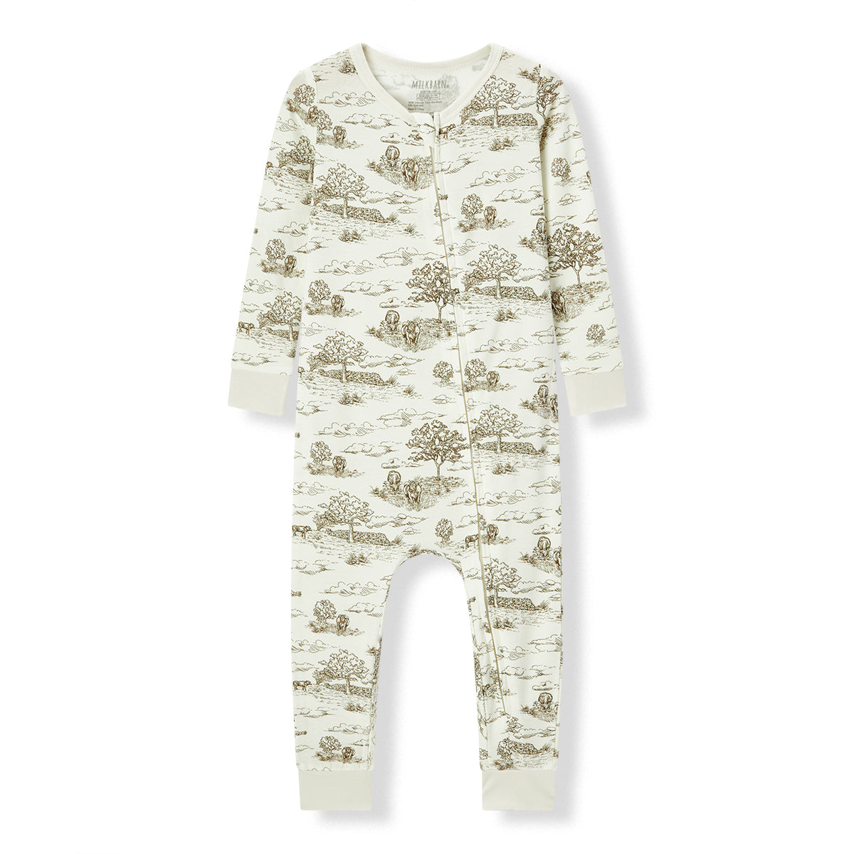 Milkbarn Country Toile Luxe Stretch Zipper Pajama for babies, soft and breathable bamboo blend with detailed countryside cow pattern, comfortable for sleep and play