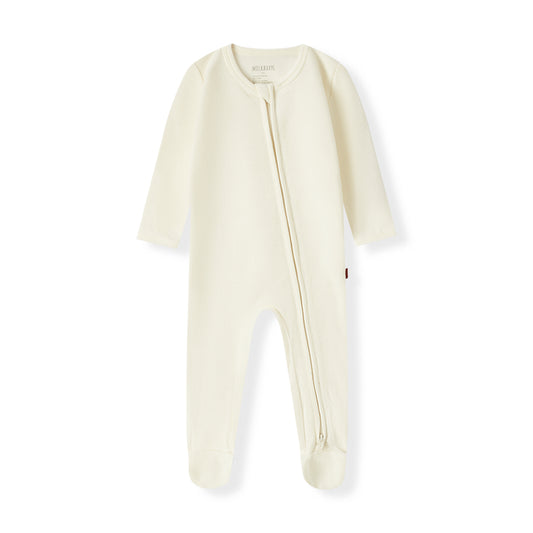 Cream waffle knit zipper footed romper (footie pajamas) for babies, soft, practical, and cozy