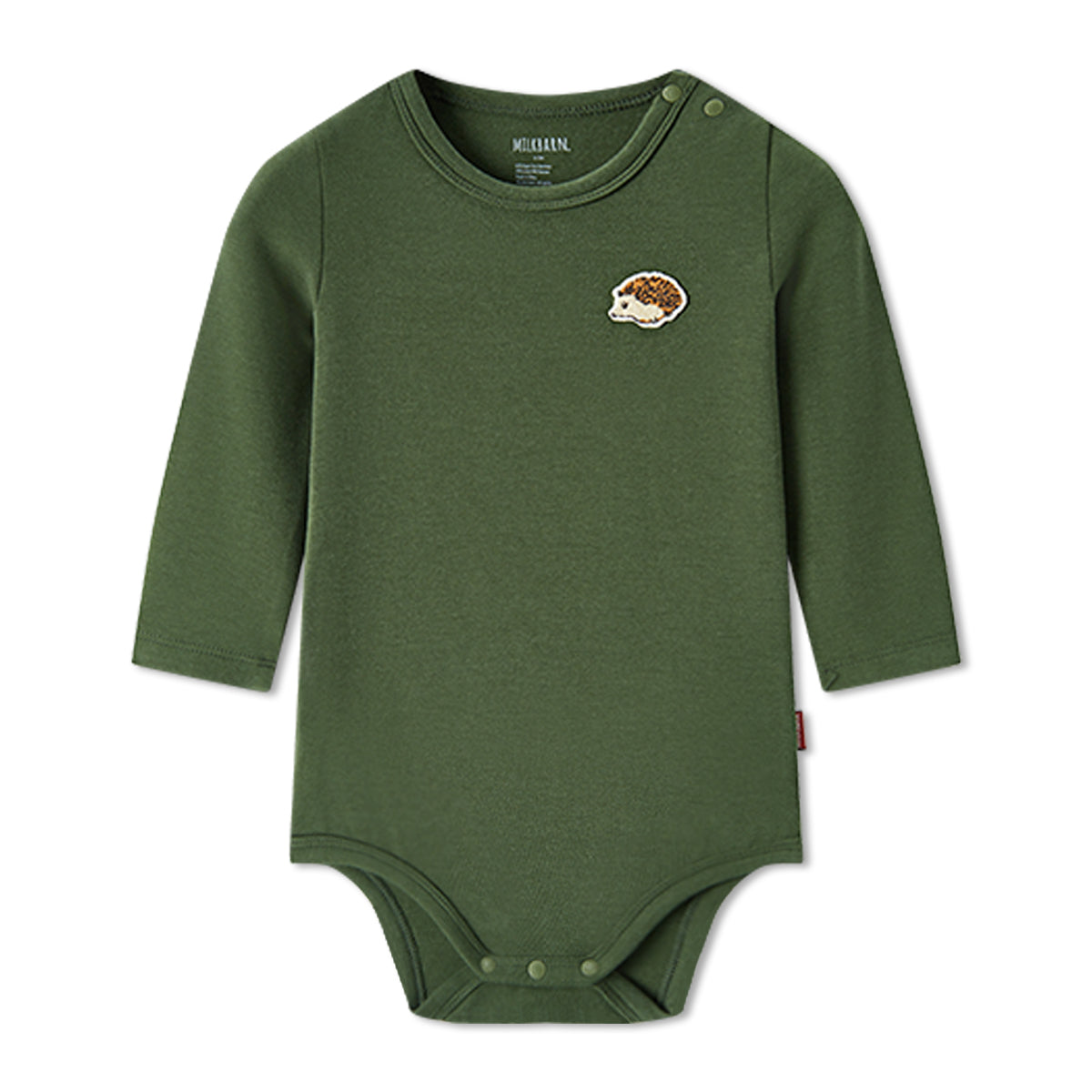 Soft and stretchy brushed blend long sleeve baby one piece in dark green with hedgehog print, bamboo cotton spandex