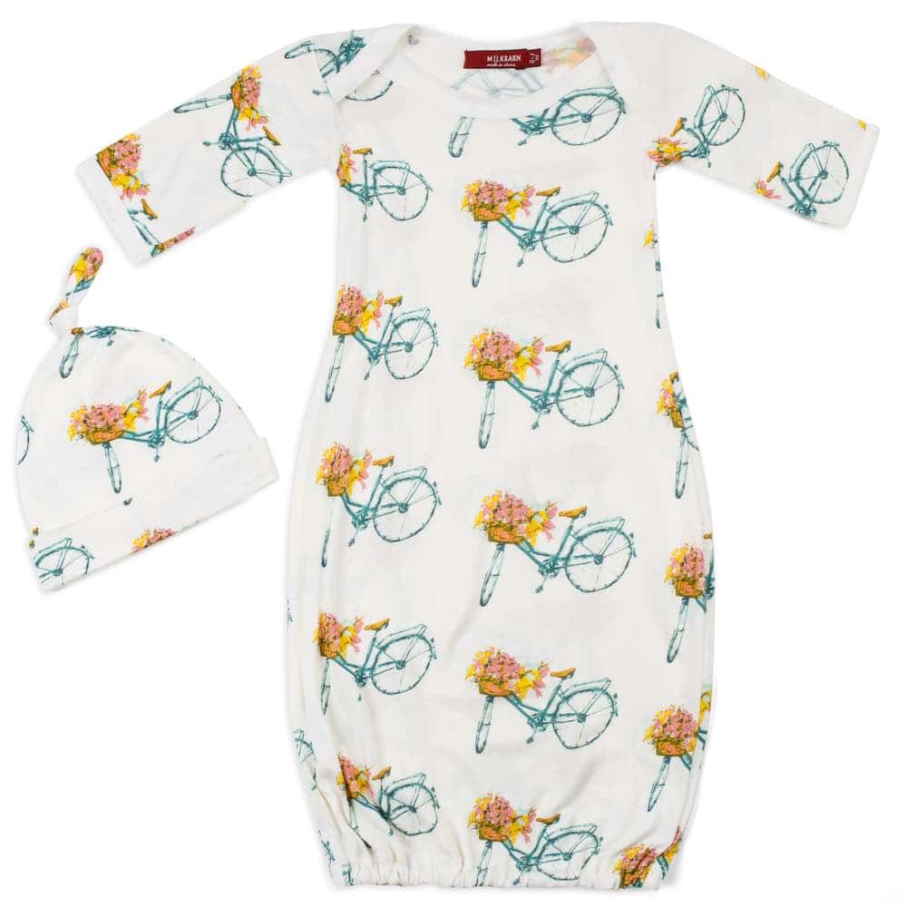 Bamboo newborn gown and hat set with floral bicycle design, European-inspired, breathable and soft, perfect baby shower gift