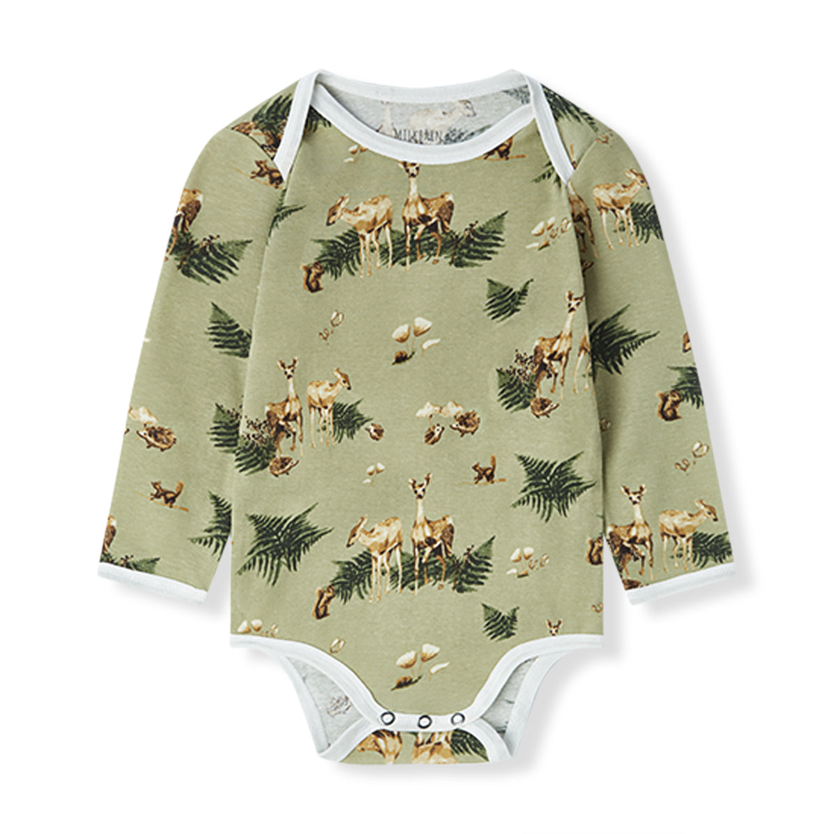 Soft and hypoallergenic organic cotton long sleeve baby one piece in green with deer and forest animals print