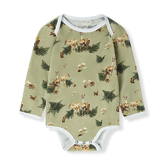 Soft and hypoallergenic organic cotton long sleeve baby one piece in green with deer and forest animals print