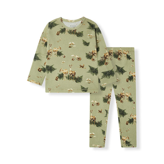 Organic cotton toddler pajama set with forest animals print, cozy long sleeve top and pants. This print includes animals like deer, squirrels, chipmunks, and hedgehogs, and also features pine branches and mushrooms