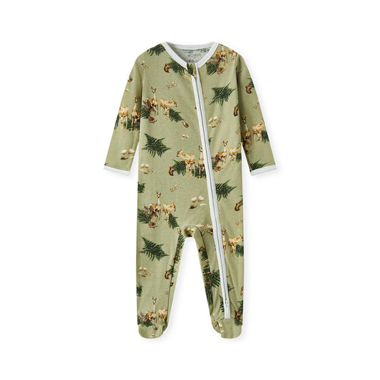 Forest Party organic cotton zipper footed romper (footie pajamas) for babies, neutral, comfortable, and breathable