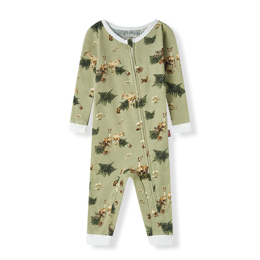 Milkbarn Forest Party Organic Cotton Zipper Pajama for babies, made of soft and breathable 100% organic cotton with playful forest-themed pattern, gentle on skin and perfect for sleep and play
