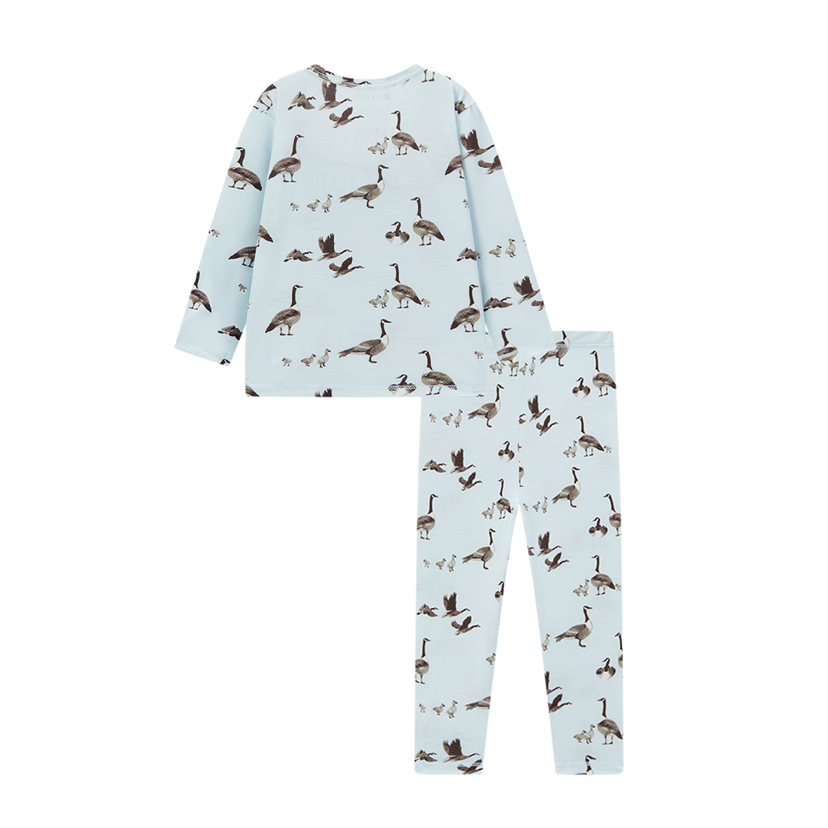 Back view of goose print luxe stretch kids pajamas with long sleeve top and bottoms