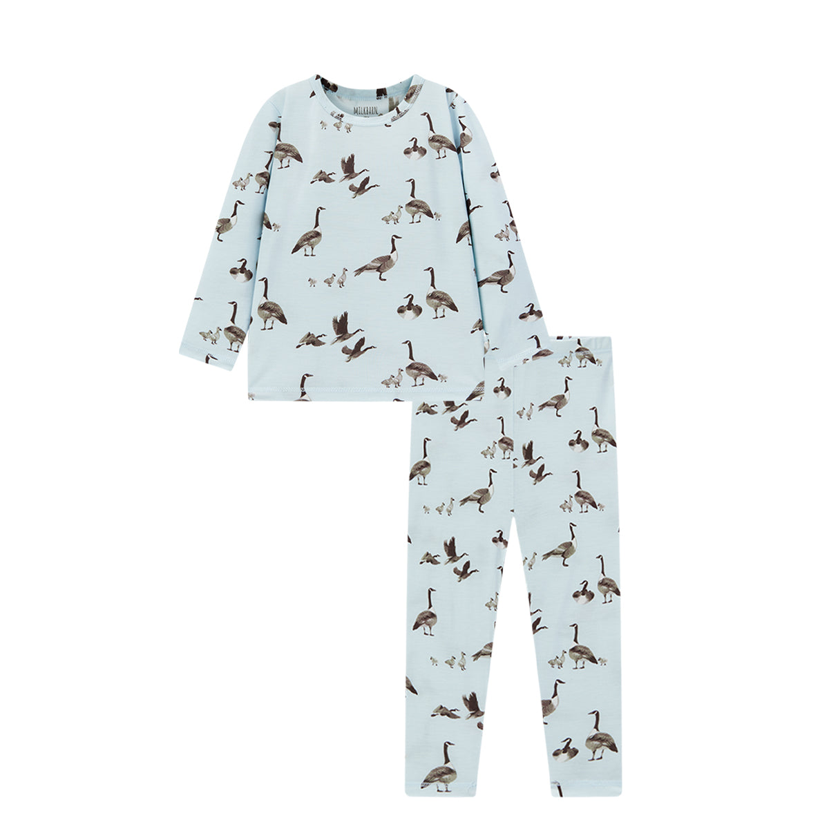 A two-piece pajama set for kids with a long-sleeve top and pants, featuring a goose print on a blue background.
