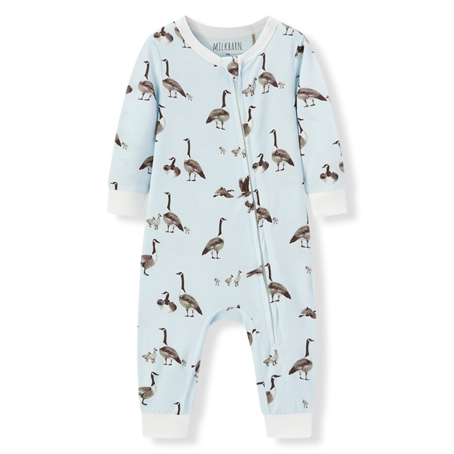 Milkbarn Goose Luxe Stretch Zipper Pajama for babies, soft and breathable bamboo blend with playful goose pattern, gentle on skin and comfortable for sleep and play
