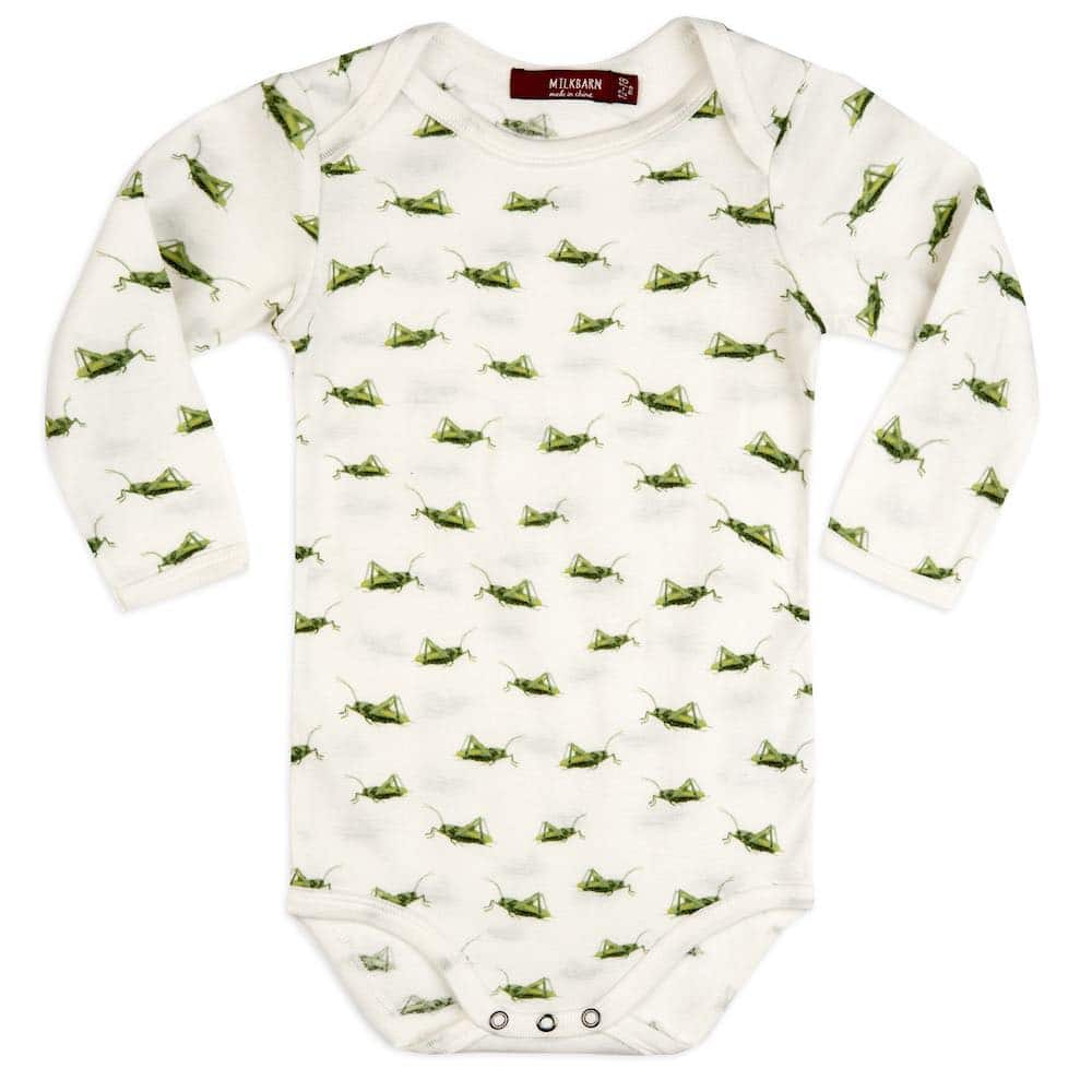Soft and hypoallergenic organic cotton long sleeve baby one piece in white with grasshopper and insect bug print