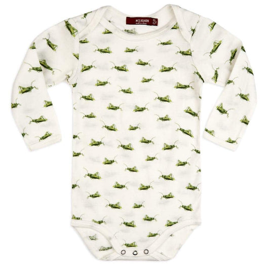 Soft and hypoallergenic organic cotton long sleeve baby one piece in white with grasshopper and insect bug print