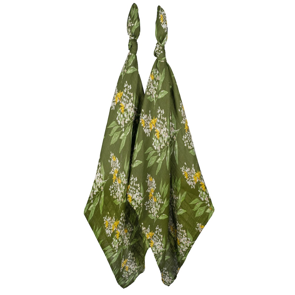 Two-piece bamboo muslin baby burp cloth set with green, white, and yellow floral print, soft and absorbent for newborns and perfect for baby gifts