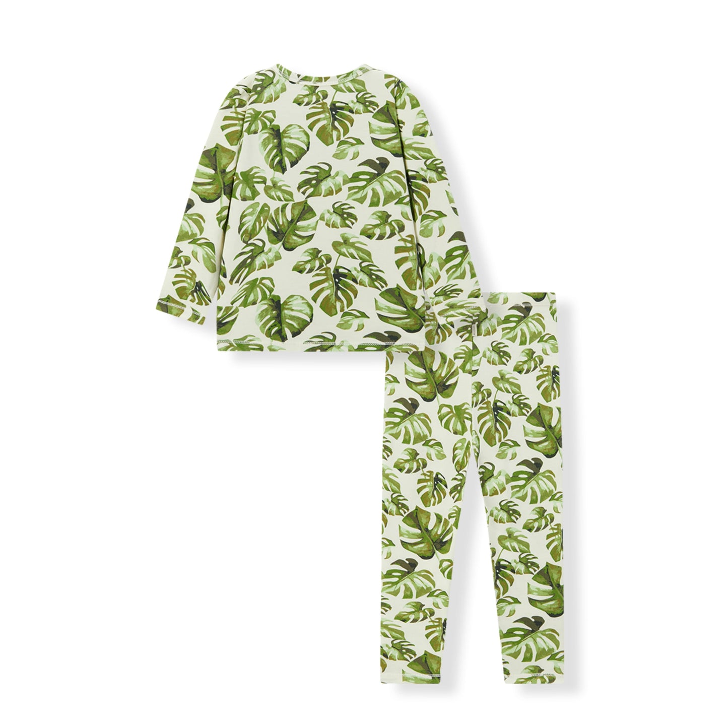 Back view of island leaf print cotton stretch kids two piece pajamas