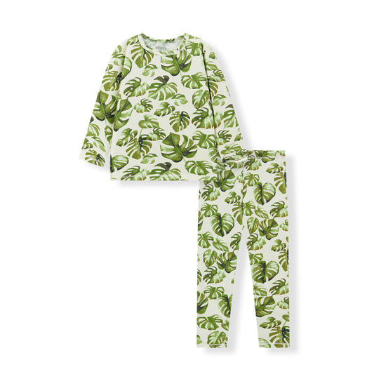 Cotton stretch pajama set with island leaf tropical print, long sleeve top and pants for toddler sleepwear