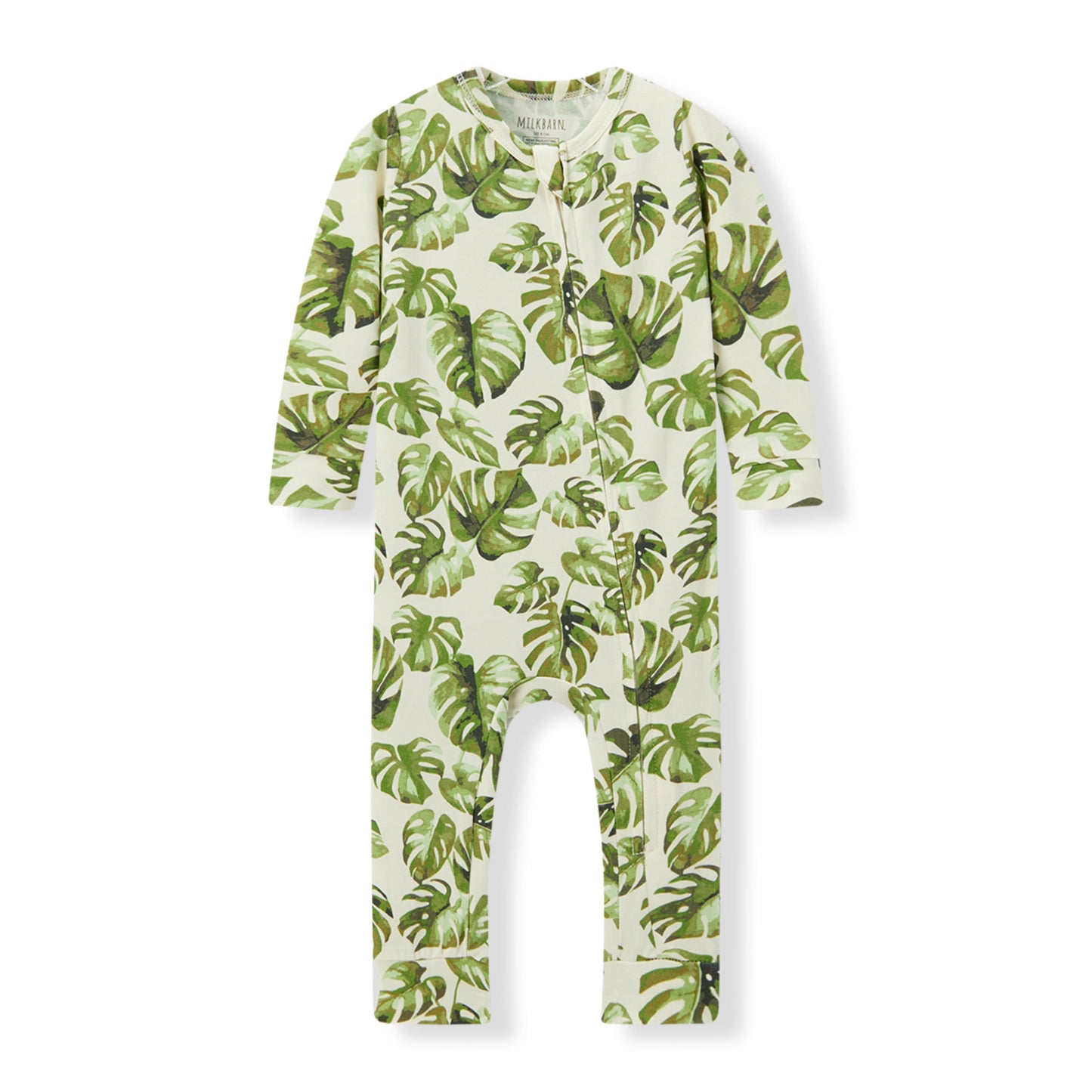 Milkbarn Island Leaf Cotton Stretch Zipper Pajama for babies, made of soft and stretchy cotton blend with playful leaf pattern, gentle on skin and comfortable for sleep and play