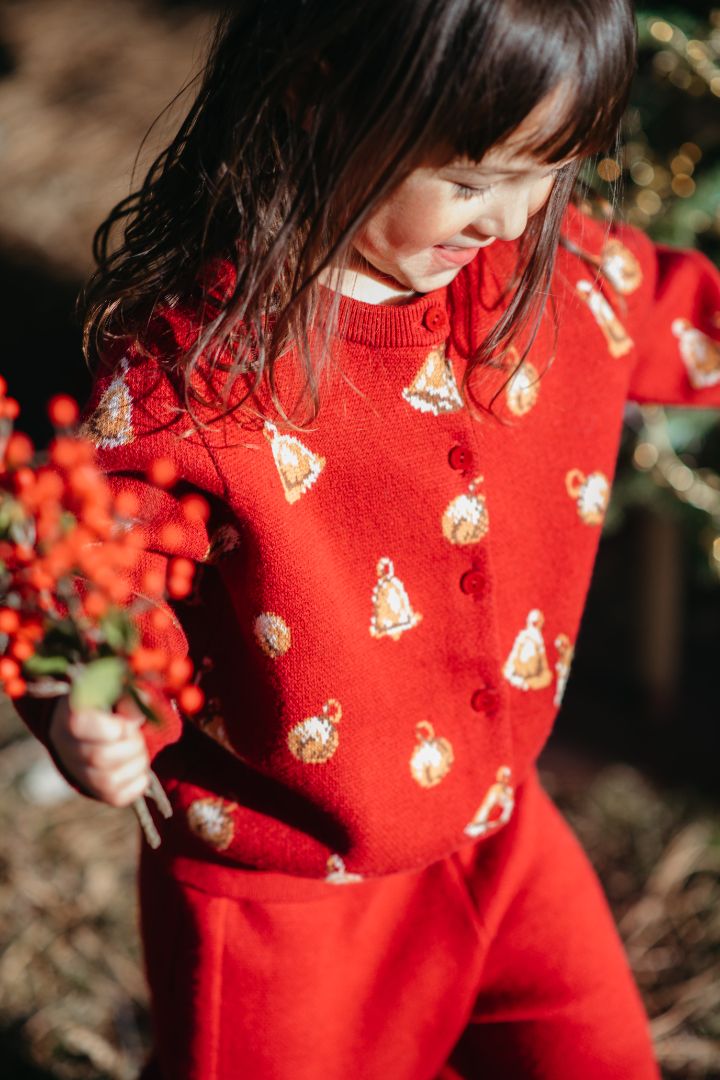 Little girl walking outdoors in Maroon Bells birdseye jacquard knit cardigan, holding red flowers