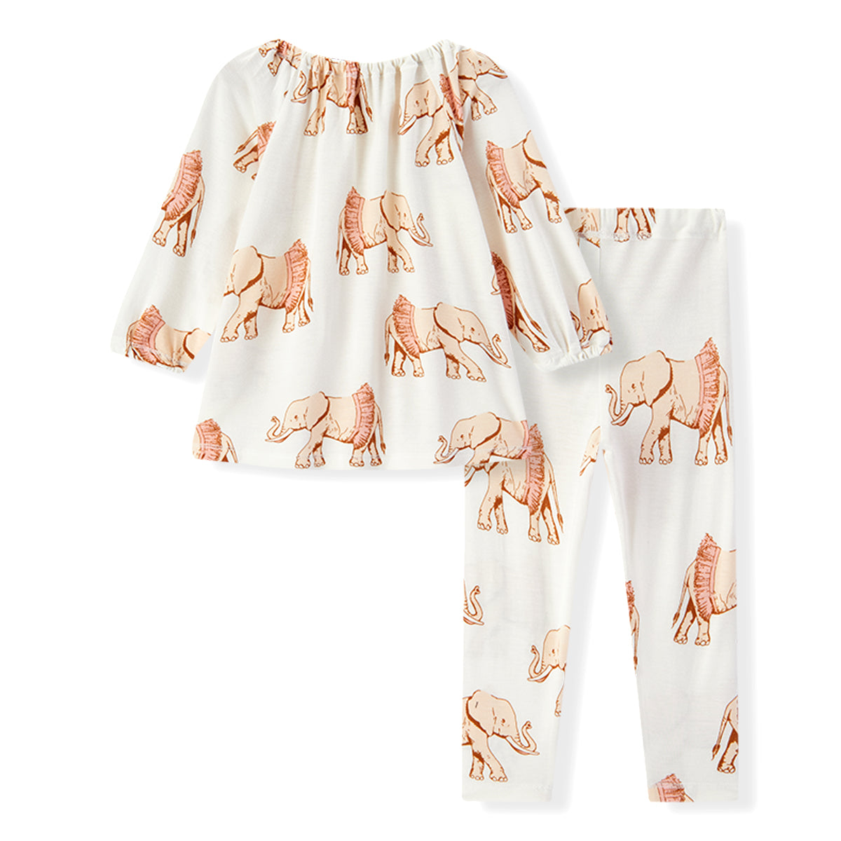 Back view of Milkbarn little girl bamboo dress and legging outfit set in Tutu Elephant print, white with pink elephants wearing tutus