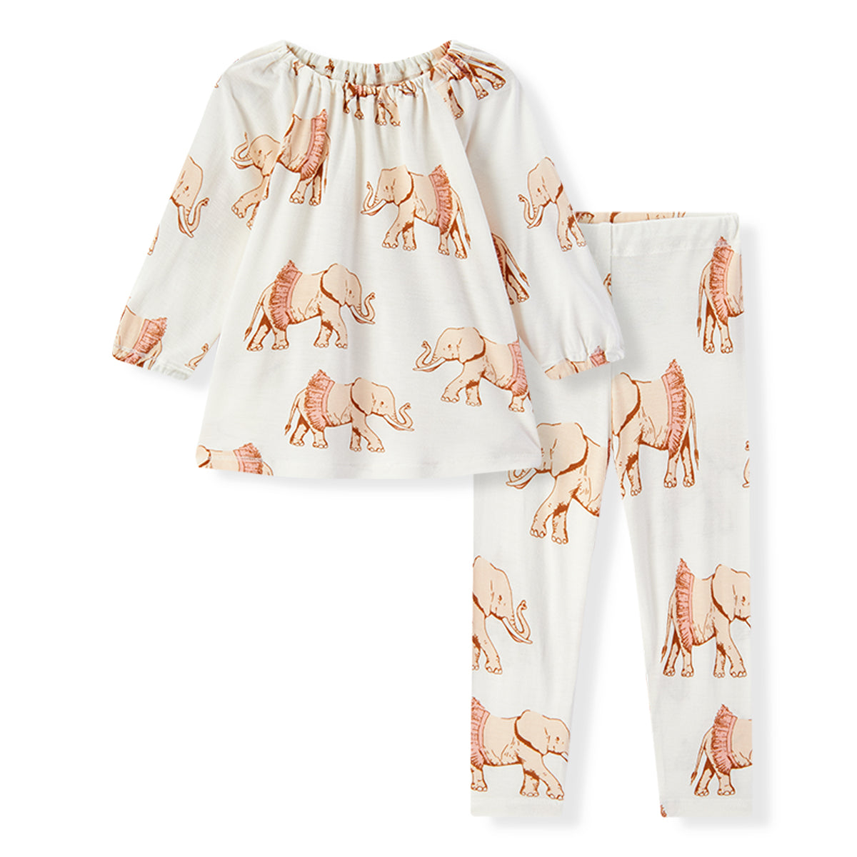 Front view of Milkbarn baby girl dress and legging outfit set in Tutu Elephant bamboo fabric, white with pink elephants in tutus