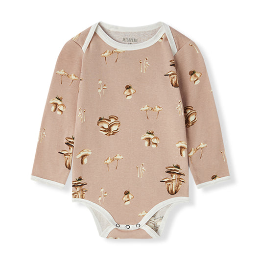 Milkbarn baby long sleeve one piece in pink mushroom print, soft and sustainable 100% organic cotton bodysuit for infants and toddlers