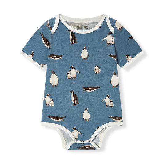 Milkbarn baby short sleeve one piece in blue penguin print, soft and stretchy 95% viscose bamboo 5% spandex (Luxe Stretch) for infants and toddlers