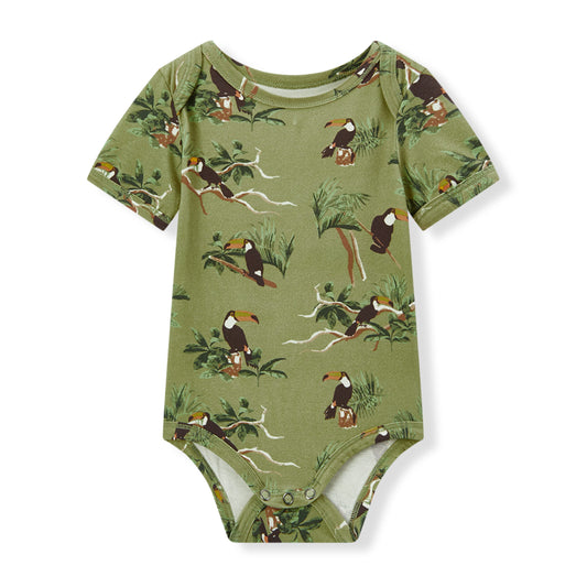 Milkbarn baby short sleeve one piece in dark green toucan and bird print, soft and stretchy 95% organic cotton 5% spandex (Cotton Stretch) for infants and toddlers