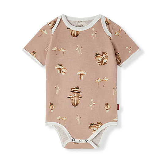 Milkbarn baby short sleeve one piece in pink mushroom print, made from 100% organic cotton for infants and toddlers